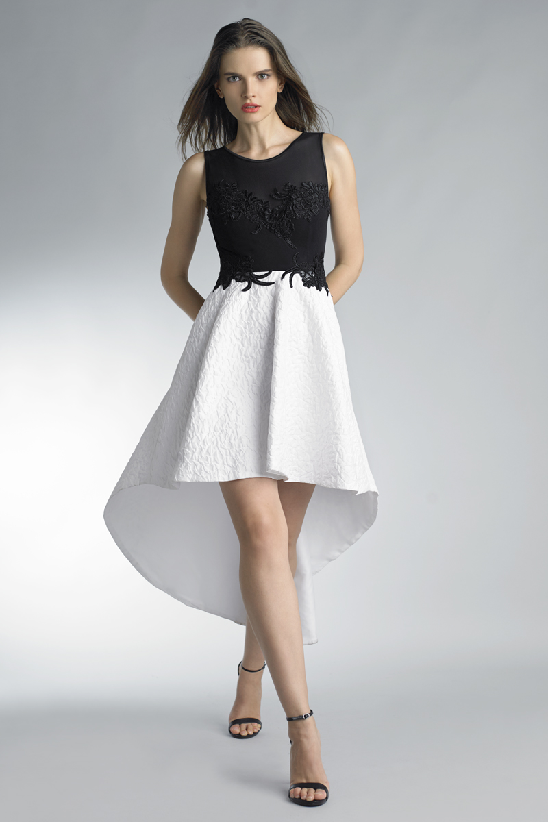 D7823M | Sleeveless hi low dress with floral details on bust |  