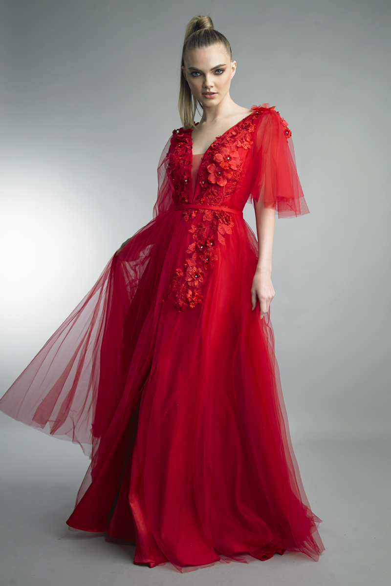 D1416L | Embroidered flownce sleeve gown |  