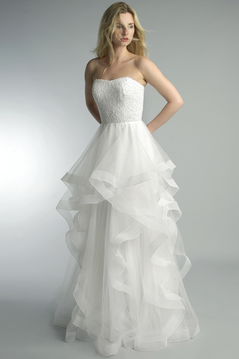 D1427L | Pearl tiered strapless gown |  