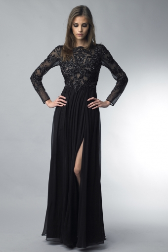 Long sleeve sequined dress in raw silk