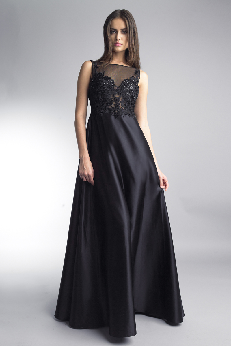 D6845L | Sleeveless sateen embroidered gown |  