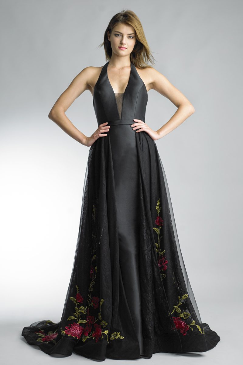D8114L | Halter top evening gown with floral skirt accents |  