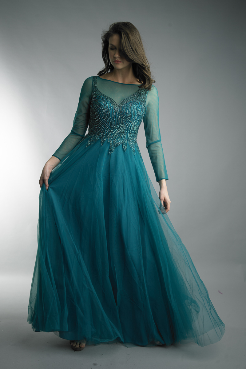 D8632L | Long sleeve formal gown with sheer sleeves |  