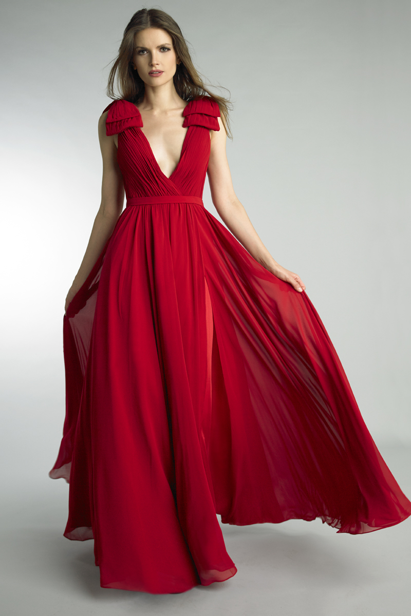D9173L | Pleated Deep V Gown |  