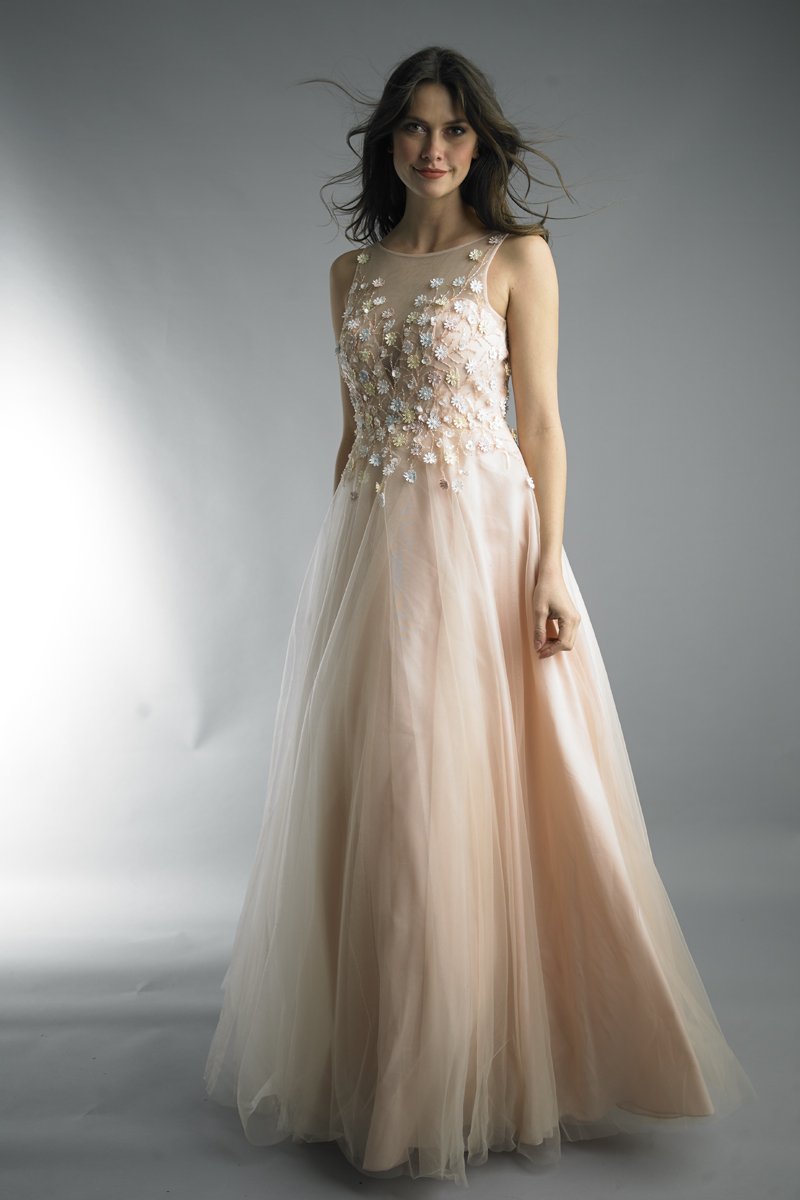 D9186L | Sleeveless evening gown with floral accents |  