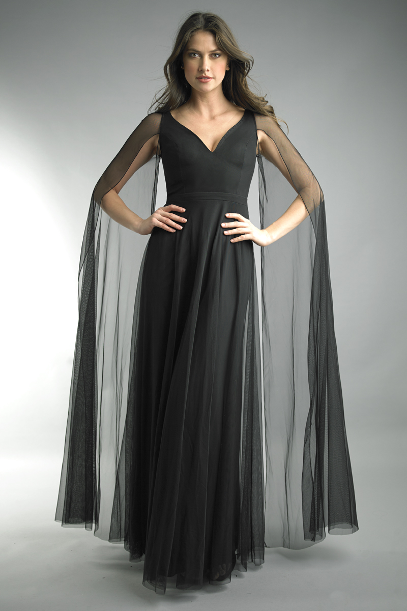 D9519L | plain black gown with sheer sleeves |  