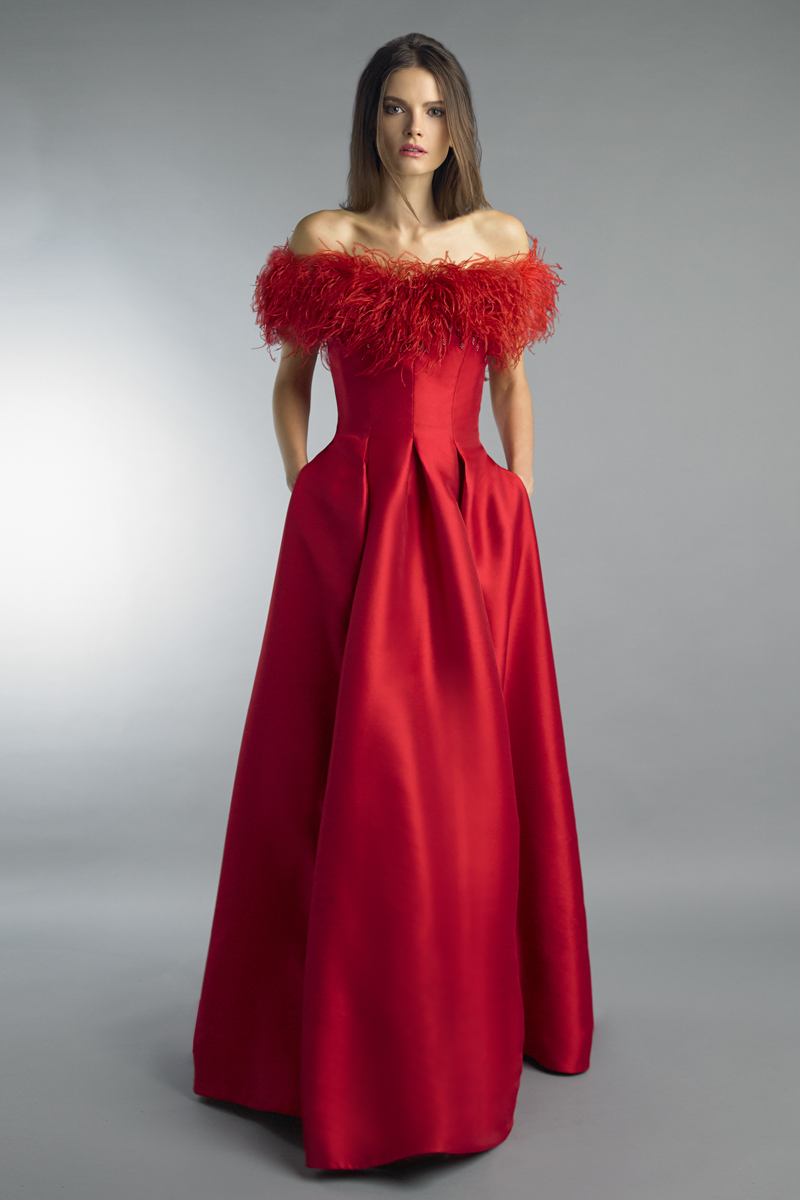 D9736L | Off shoulder feather evening gown with pockets |  