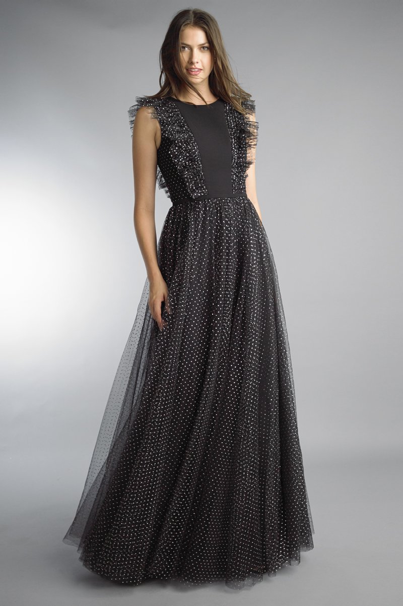 D9904L | polka dot evening gown with ruffle detail |  